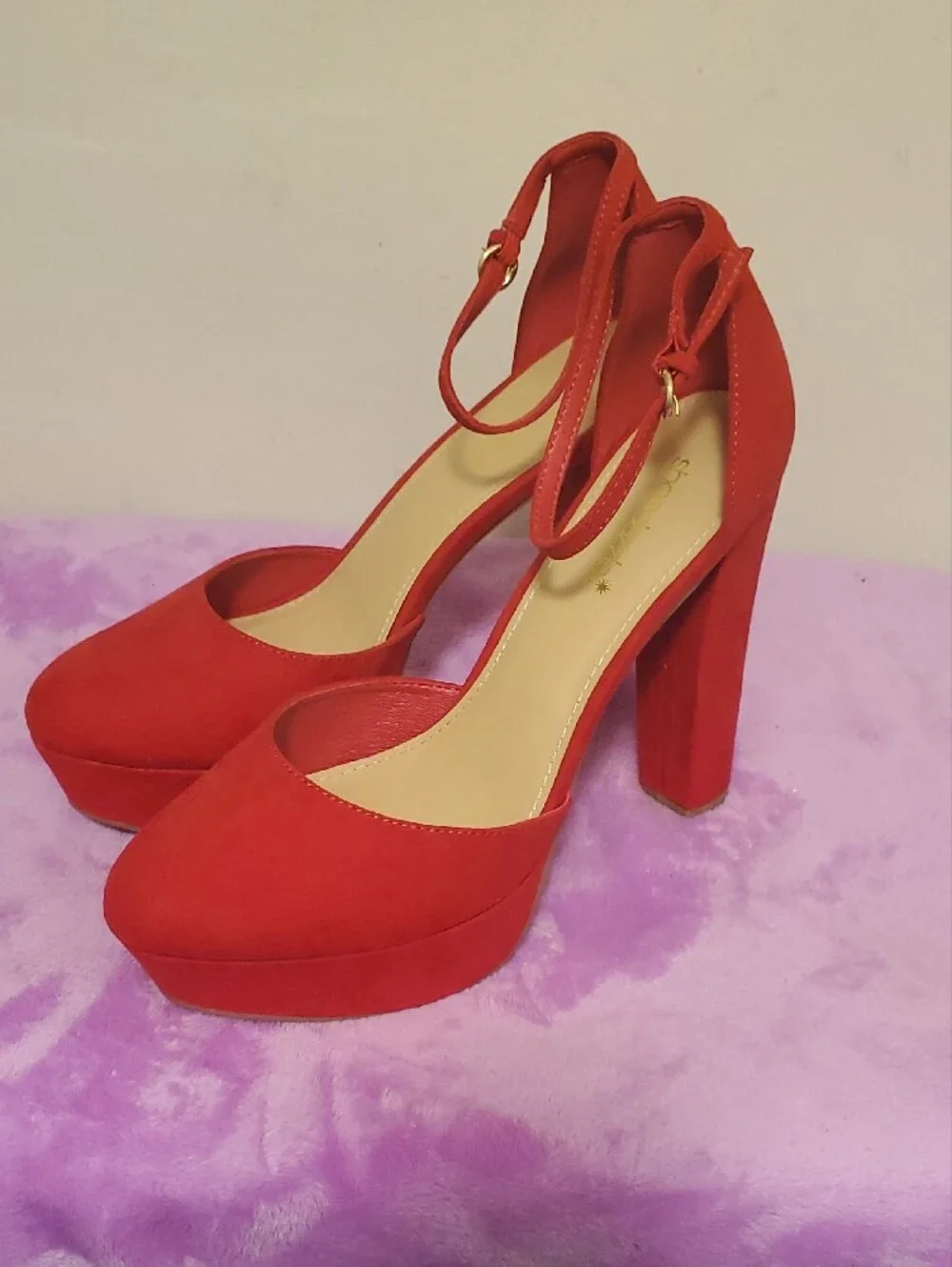 Shoe Dazzle Red Platform Ankle-Strap Block Heels